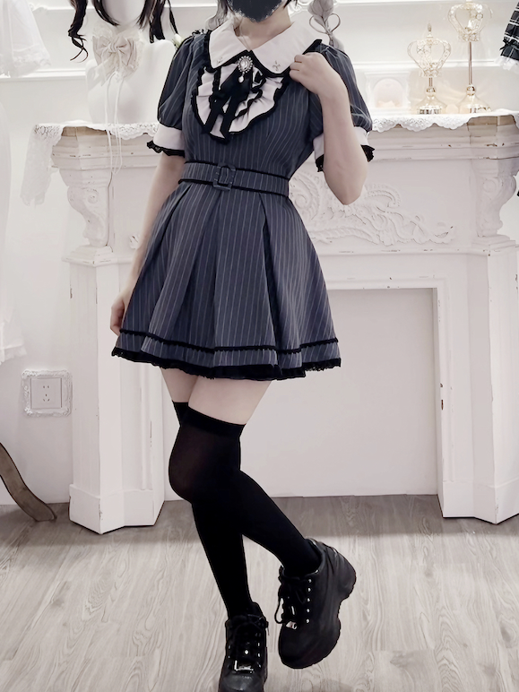 Set Collar Dark Peter Blue Top Pan Kei Stripes Maid Shorts Jirai with