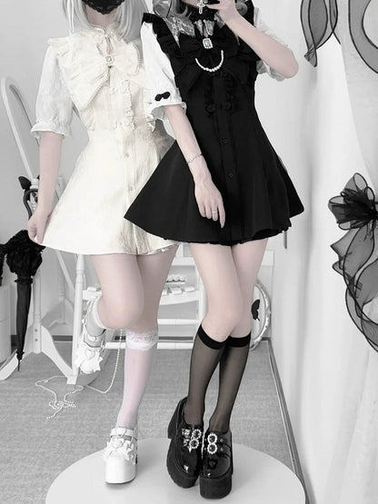 Kei Set-Cheongsam Collar Sleeves Dress+Shorts+Bow Black Y2K Jirai Short Tie+Hairclips