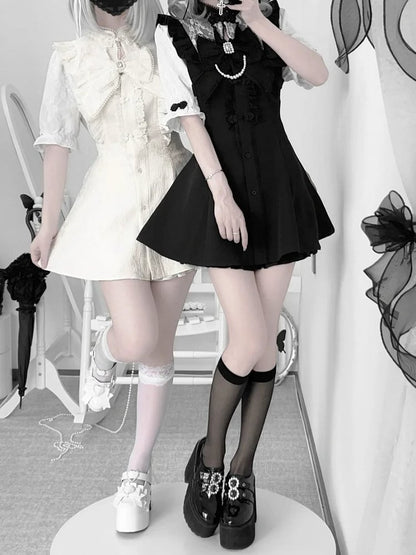 Tie+Hairclips Y2K Sleeves Dress+Shorts+Bow Kei Set-Cheongsam Collar Short White Jirai