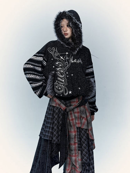 Black&White Plush Trim Striped Sleeves Hoodie