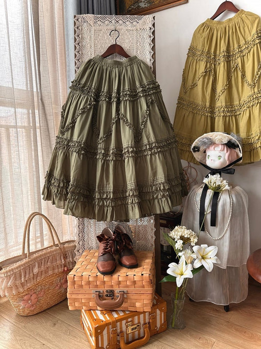 Elastic Skirt Waist Dark Ruffled Under Green 82cm