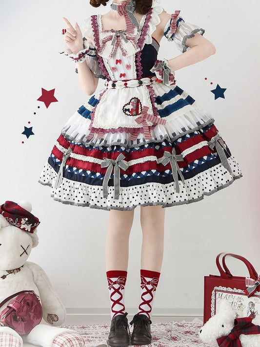 Sweet Bow Skirt Accents Dark Tiered JSK Lolita Full Blue Blueberry Red Set and Cake