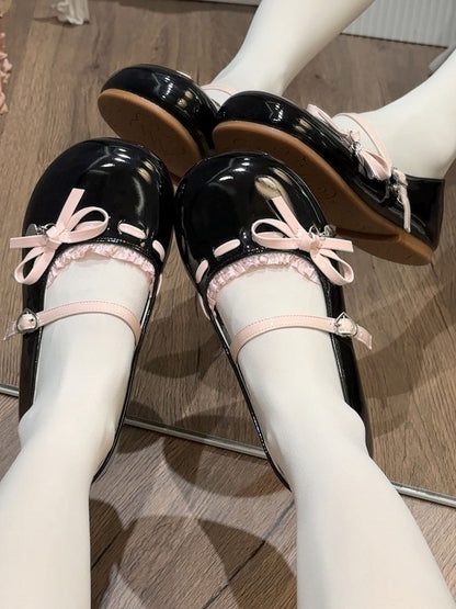 Trim Janes Bow Round Lace Knotted Mary Black Toe Flat Accents Pink