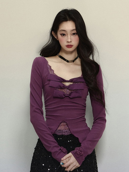 Purple V-neck Top Knitted Detail Contrast Lace Patches Glamorous Bowknots