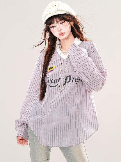 Blue/Pink Letters Embroidery V-neck Striped Loose Top