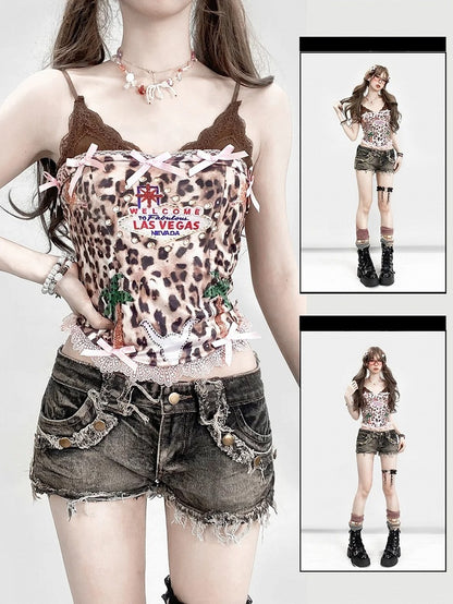 Strapless Leopard Pattern Top Padded Cups Cami Brown Pink With
