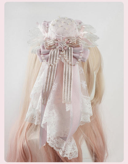 Pink Big Bow Lace Trim Snowflake Beaded Chain Mini Hat+Snowflake Lace Veil