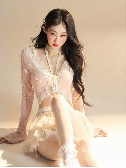 Cropped Top Floral Pink Bell Sleeves Butterfly Glamorous and Set With Top Embellished Lace