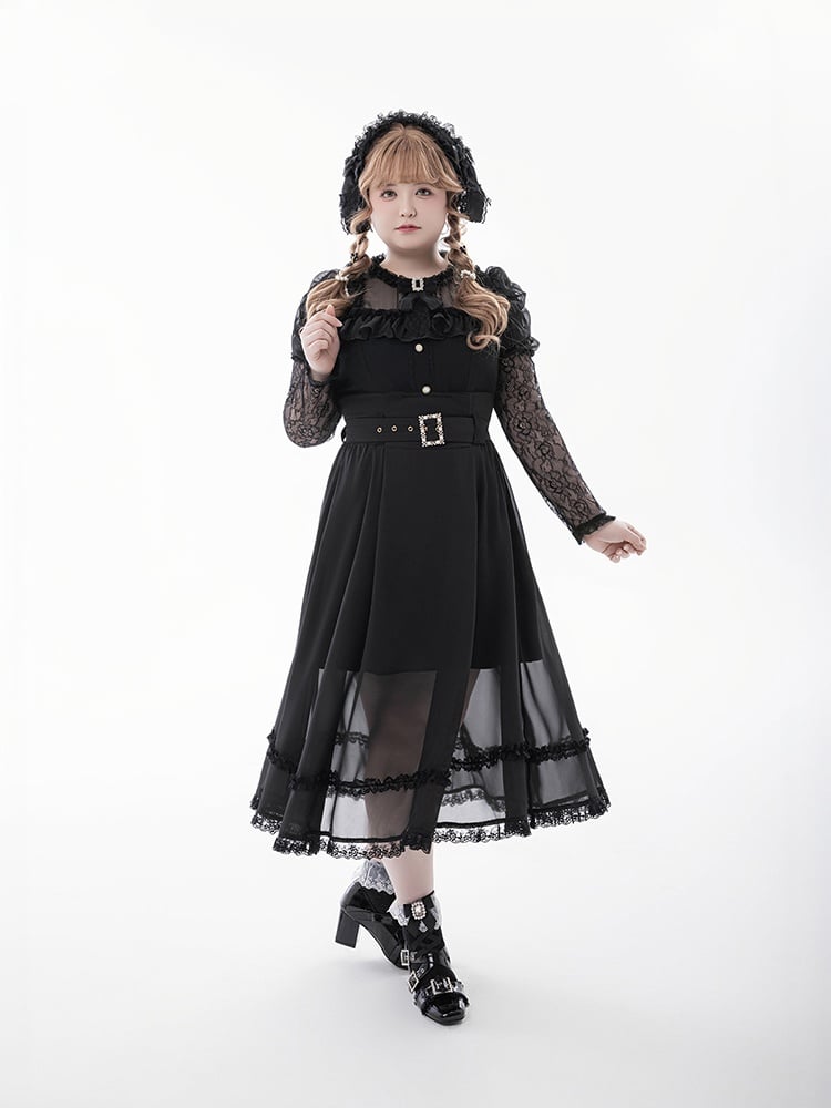 Skirt with Buckle Belt Black High Waist Mesh Overlay