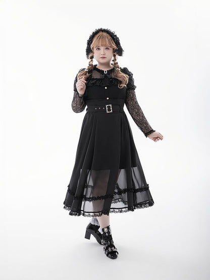 Skirt with Buckle Belt Black High Waist Mesh Overlay