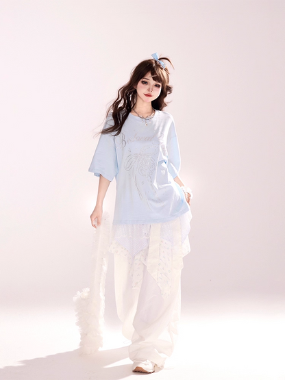 Two-pieces Waist Handkerchief Hem Wide-leg Pants White Low Faux