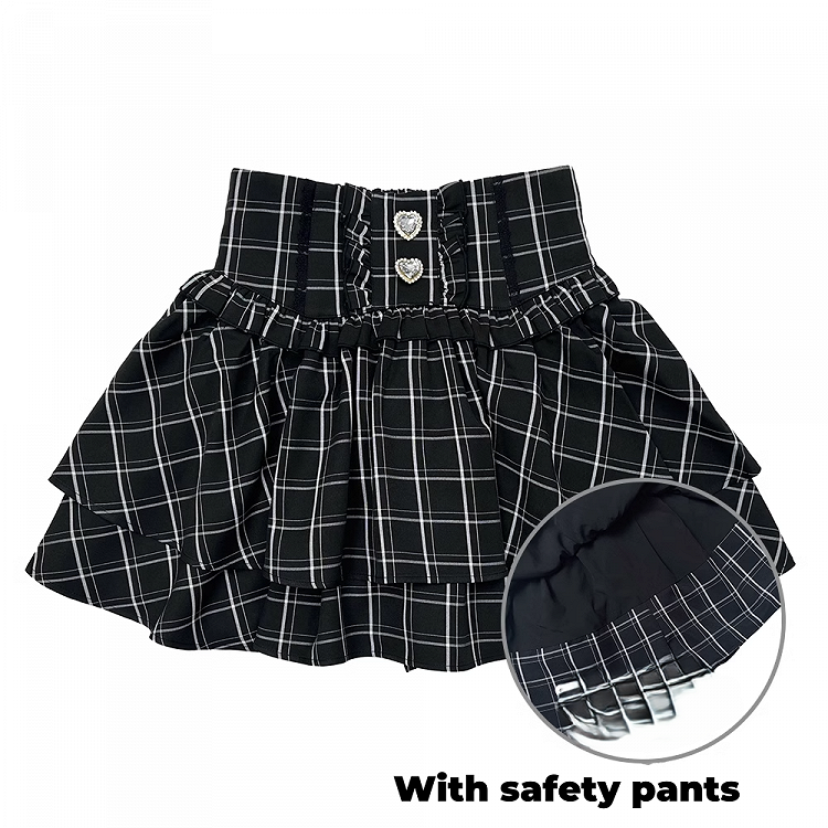 Stufenrock Strass Verziert Jirai Kei Schwarz/Weiß/SchwarzWeiß Herz