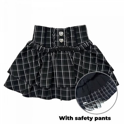 Stufenrock Strass Verziert Jirai Kei Schwarz/Weiß/SchwarzWeiß Herz