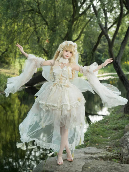Lolita Fairycore Dress JSK Beige Full Design Princess and Set Butterfly Floral