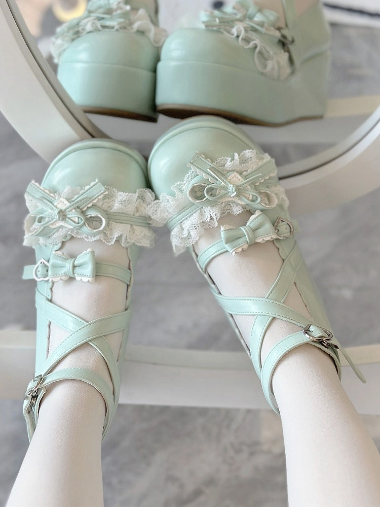 Green Feminine Round-Toe Romantic Lace Platforms with Buckles Accents Grass Heart Lolita