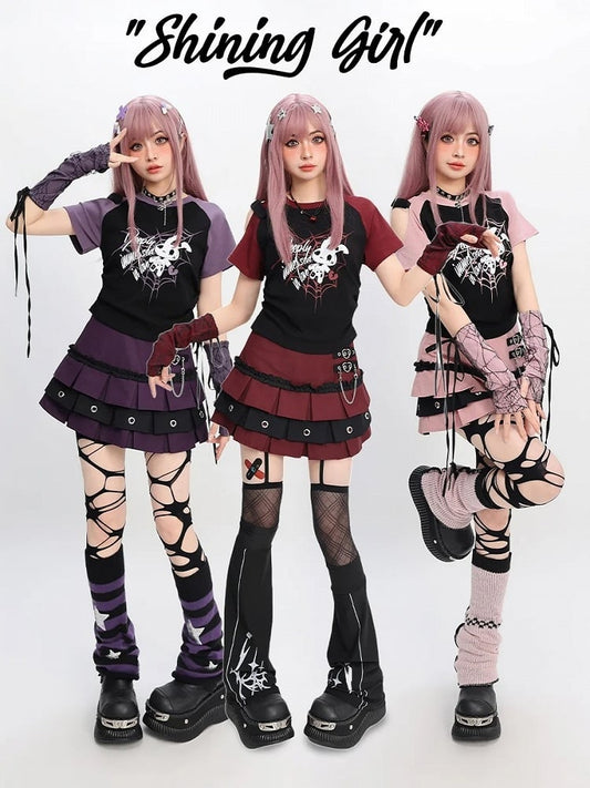 Free Red/Pink/Purple with T-Shirt Print Sleeves Y2K Cutout Shoulder Spiderweb