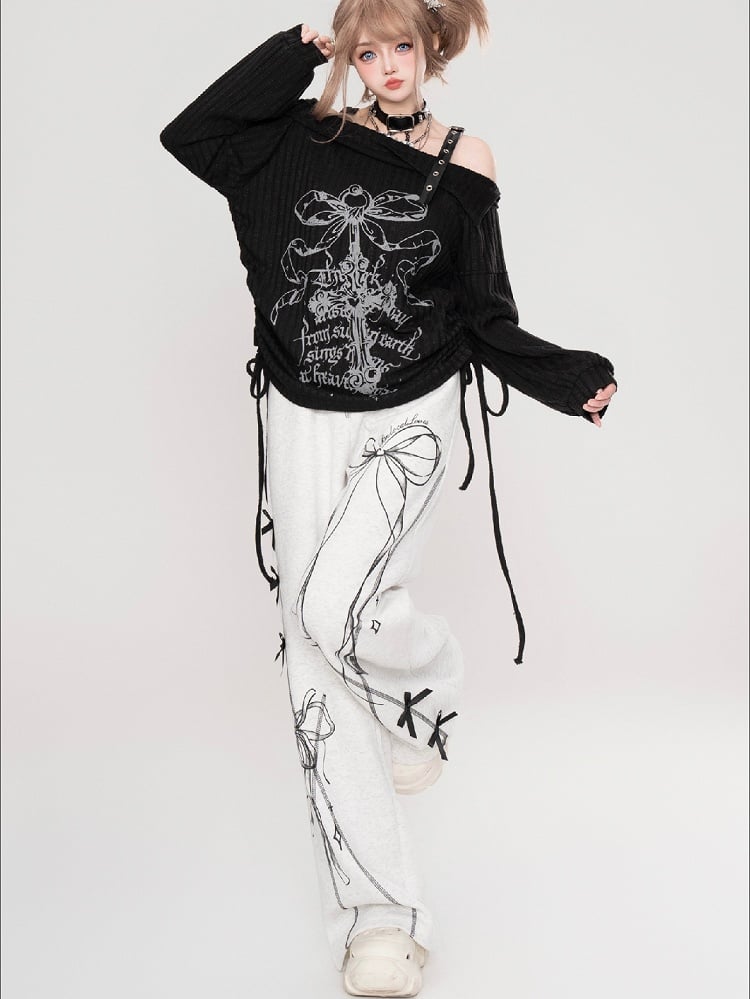 Black/Light Grey Ribbon Bow Straight-leg Cut Sweatpants
