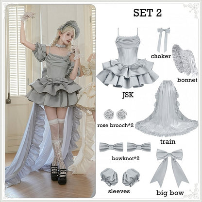 Cowl Spaghetti Dress Elegant Waist Straps Boned Lolita JSK Set Full Neckline Gray