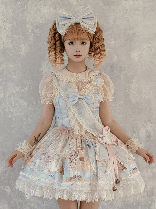 Blaues Lolita-Print-Kätzchen-Korsett, süßes Set, Teeparty-Babykleid, JSK, volles Mieder