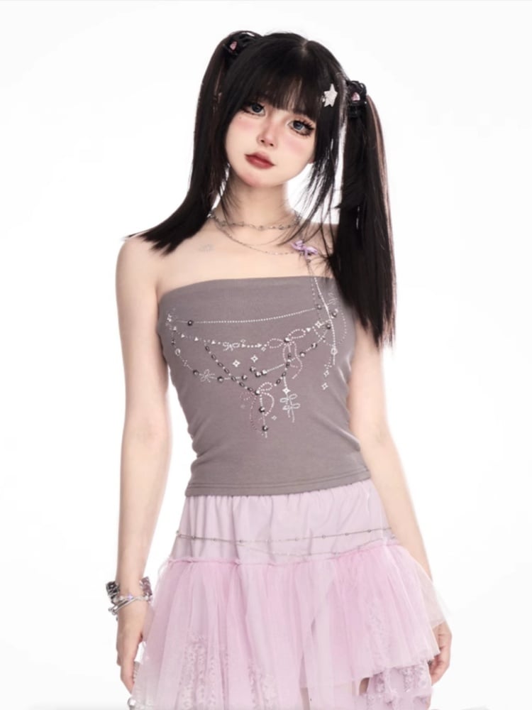Gray Rhinestone Details Beaded Necklace Strapless Top