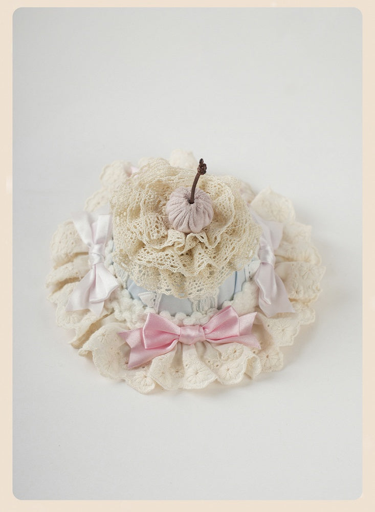 Sweet Lolita Blue and Pink Bow Cherry Cake Layered Lace Trim Hat