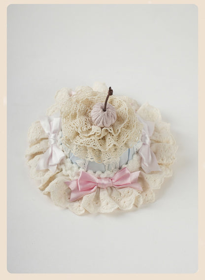 Sweet Lolita Blue and Pink Bow Cherry Cake Layered Lace Trim Hat