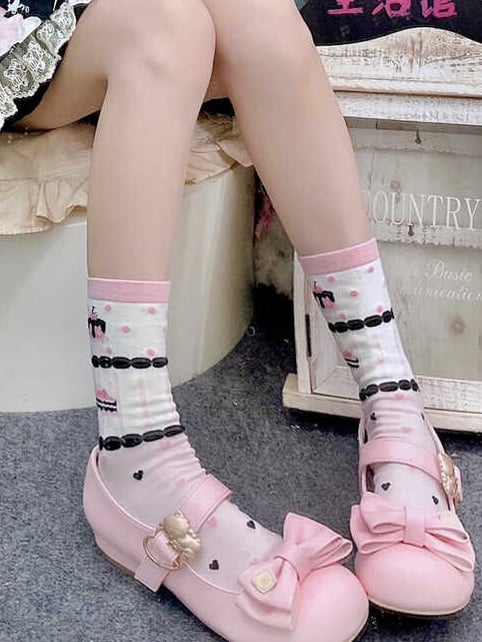 Sweet Lolita Cake Strawberry Bowknot Print Calf Socks