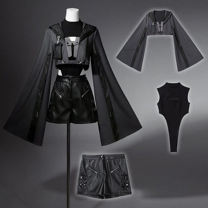 Sleeves XL Overlong Ouji Bodysuit Size Leather Exclusive + Futuristic Shorts Outfit Techwear Black Jacket Cropped Lolita -