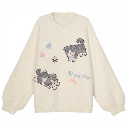 White Cute Puppies Pattern Round Neck Loose Sweater