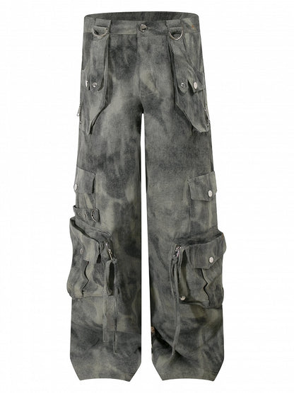 Gray/Green Faded Vintage Dark Wash Wide-Leg Cargo Jeans with Zippered Cuffs