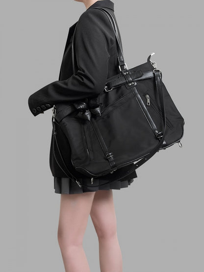 Black With Chic Bold Strap Details Contrast Tote Large-Sized