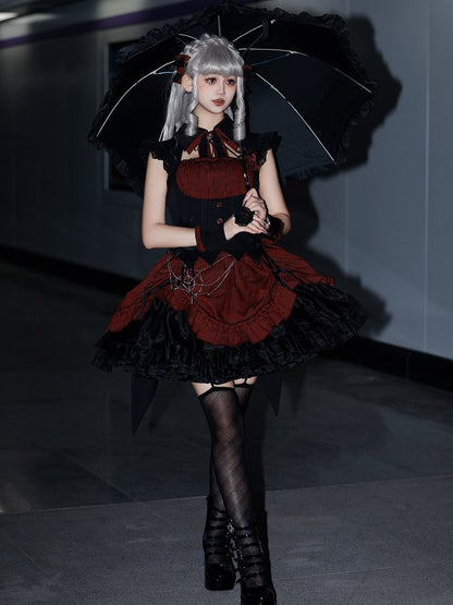 Lolita Halloween Gothic Kordelzug mit schwarzem Muster und Taille, gestreiftes rotes Kleid