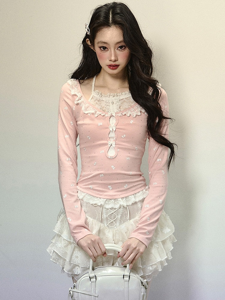 Neckholder-Top mit Spitzenbesatz und Schleifenmuster in Pink