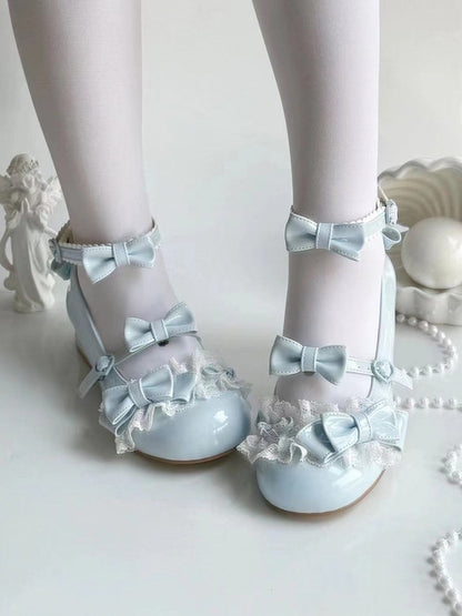 Lolita - Schnallen-Schleifendetails Jane Low Lace Schuhe Herzförmige Mary mit und blauem Absatz Süß