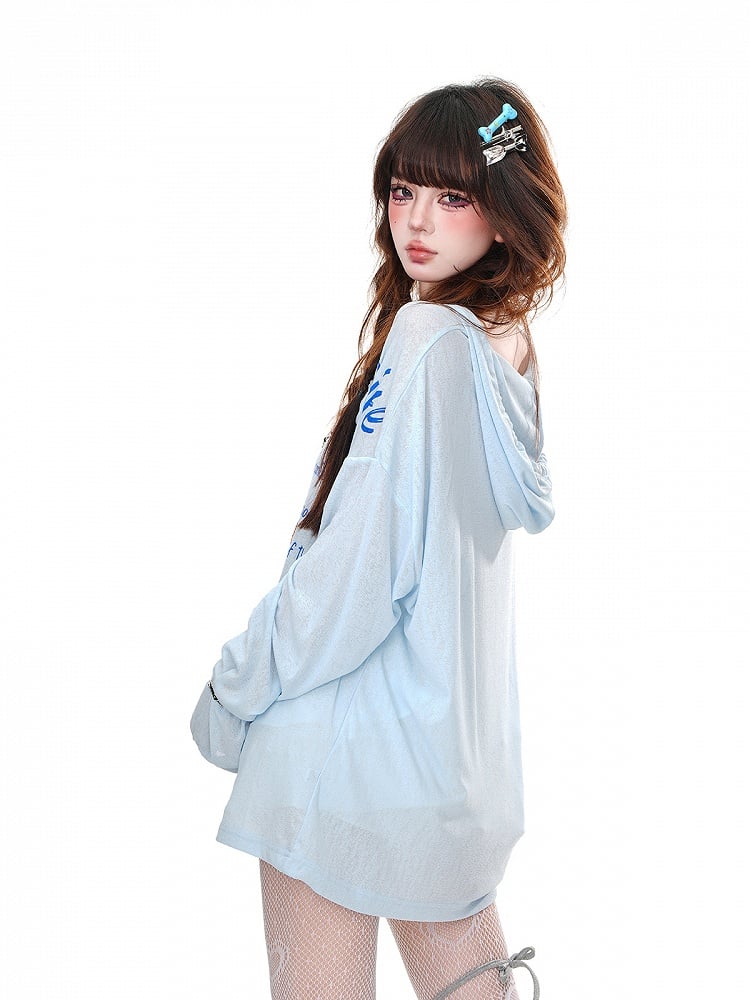 Black/White/Blue Semi-sheer V-neck Letter Loose Hoodie