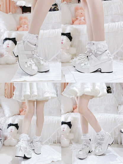 Decorated Platform Lace-up Heels Jirai Heart Polished White Details High Rhinestone Block Kei
