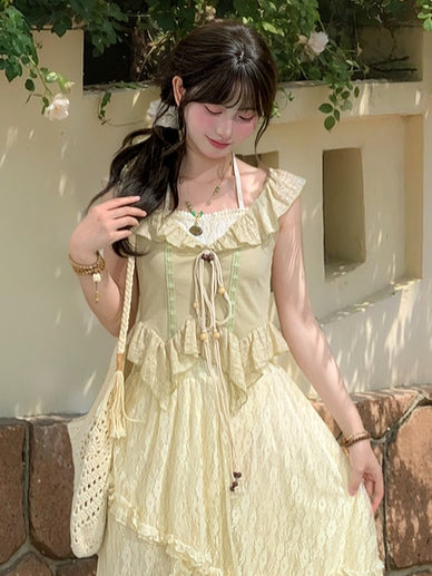 Flutter Sleeves Self-tie Bead Straps Light Hem Curved Green Halter Top