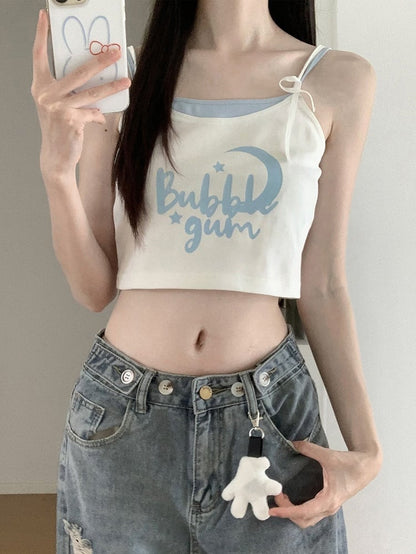 White and Blue Faux Two-Pieces Cropped Cami Top