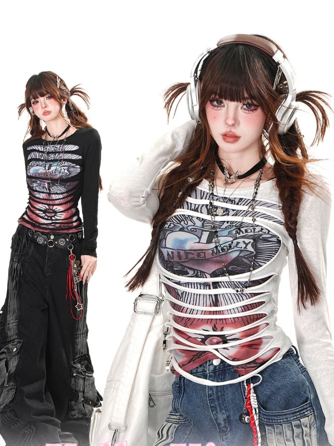 Black/White Round Neck Punk Glamorous Graphic Top