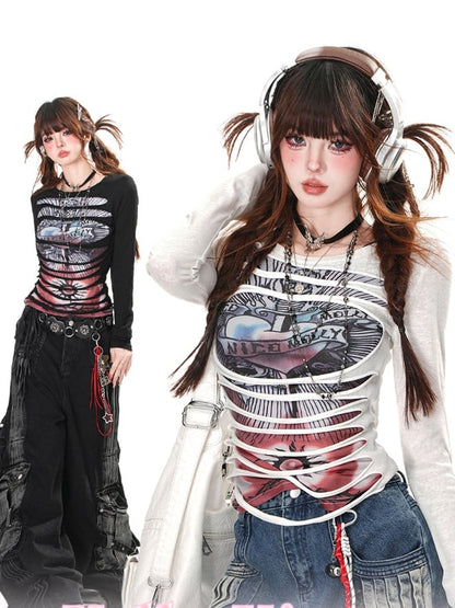 Black/White Round Neck Punk Glamorous Graphic Top