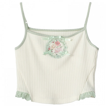 Floral Embellished Cami Top Embroidery Bowknots White Cropped
