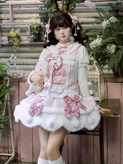 Pom-poms Pink with Lolita Overalls Trim Scalloped Sweet Dress White Bowknots Edge and