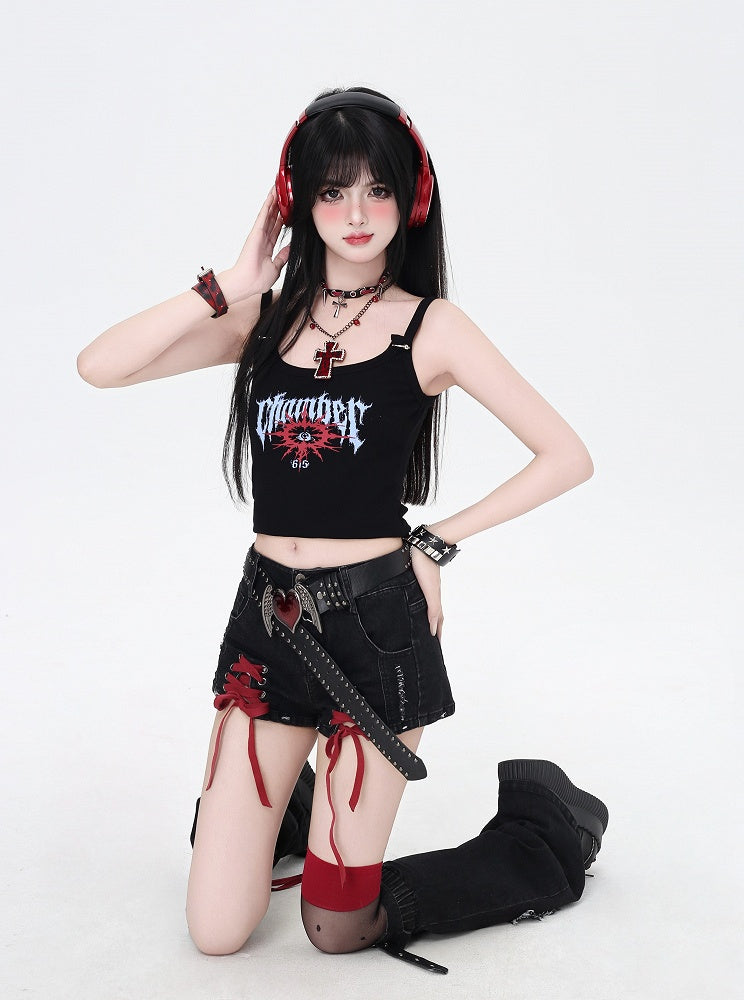 Lace-up Details with Red Leg Black Warmers and Butterfly Hem Denim Shorts Applique