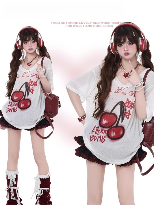 T-Shirt White Semi-Sheer V-Neck Cherry Print Sun Protection Bittersweet