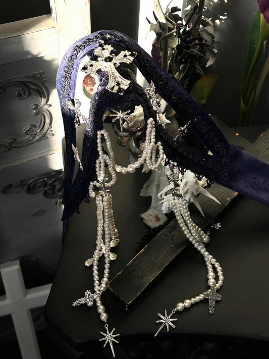 Ceinture gothique Lolita rouge/blanche/bleu foncé/grise avec croix décorée
