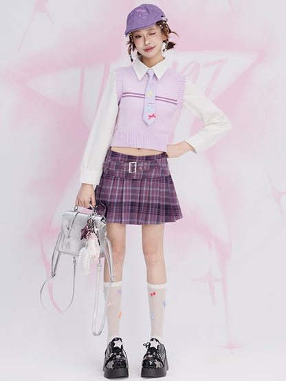 Purple Buckle Strap Preppy Style Plaid Pleated Skirt