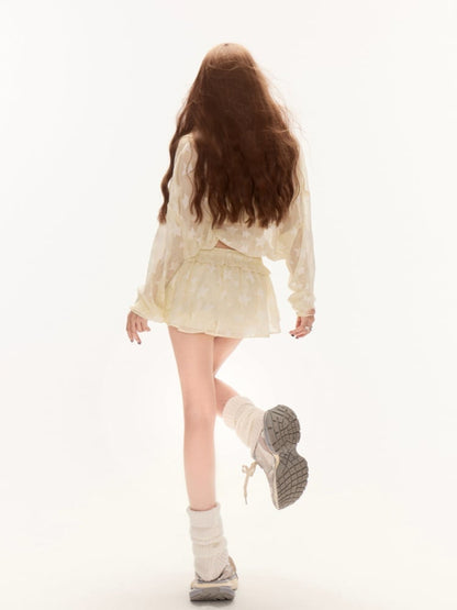 Waist Mini Skirt Yellow Allover Drawstring Star Print