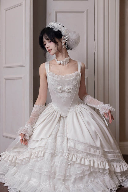 Rosette White Elegant Wedding Hanayome Lolita Jumper Skirt + Underskirt