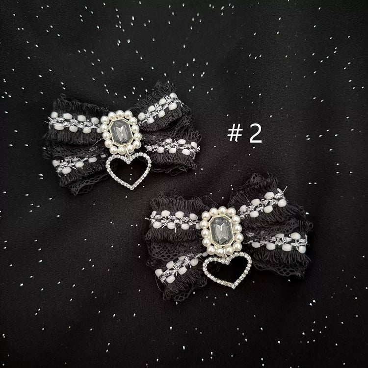 Black Jirai Kei Rhinestone with Heart Charm Bowknot Hairclips