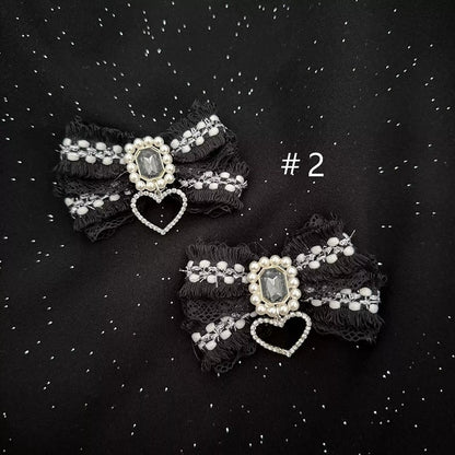 Black Jirai Kei Rhinestone with Heart Charm Bowknot Hairclips